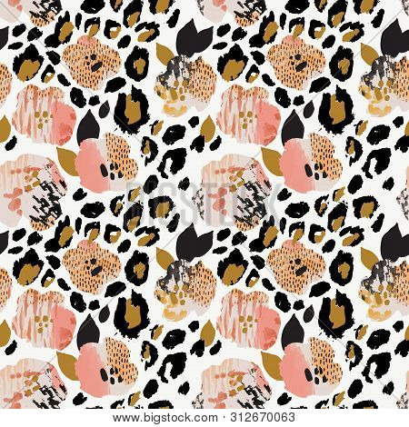Abstract Floral Seamless Pattern: Flowers With Zebra Stripes, Leopard Skin Print, Watercolor Texture