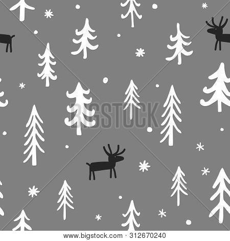 Vector Christmas Seamless Pattern With Cute Cartoon Deer, Trees, And Snowflakes. White, Black, And G