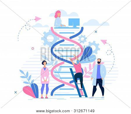 Informational Poster Genetic Research Cartoon. Men And Women In White Coats Study Science Heredity. 