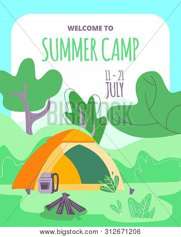Welcome To Summer Camp Vertical Banner, Tent, Backpack, Campfire With Logs On Deep Forest Landscape 