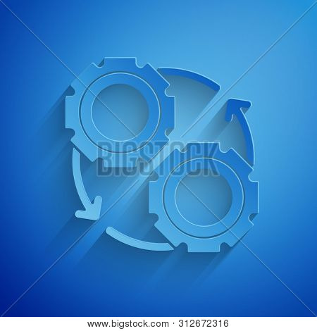 Paper Cut Gear And Arrows As Workflow Process Concept Icon Isolated On Blue Background. Gear Reload 