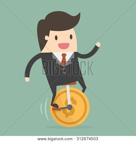 Businessman Riding Monocycle. Flat Design Business Concept Cartoon Illustration. Idea Concept.