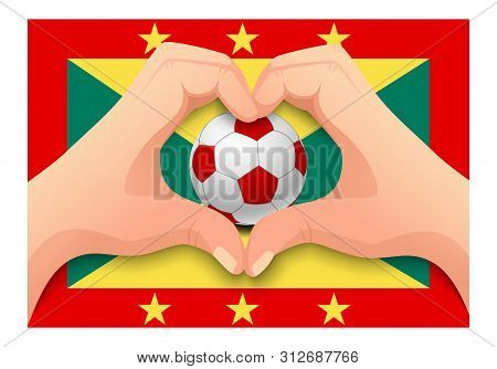 Grenada Flag And Hand Heart Shape. National Football Background. Soccer Ball With Flag Of Grenada Ve