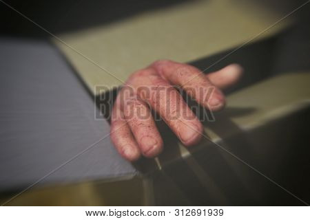Zombie Hand Halloween Poke From Box In The Abandoned House At Night , Selective Focus And Blur Filte