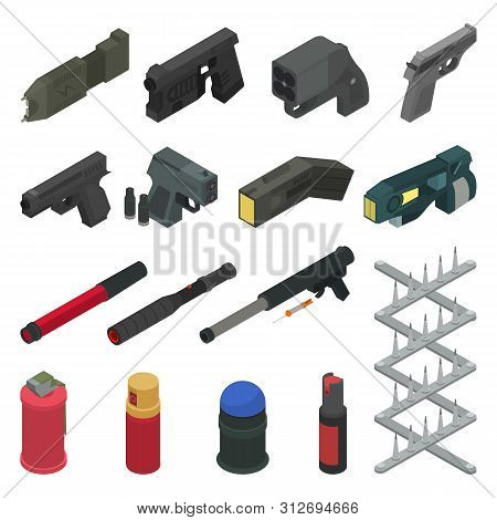 Gun Vector Handgun Shooting Weapon Pepper Spray Military Firearm Illustration Army Isometric Set Of 