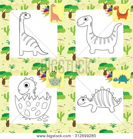 Cute Cartoon Dino Coloring Page. Vector Illustration