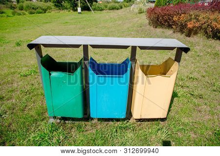 Trash Containers For Garbage Separation -- Three Colors For Plastic, Metal And Burnables