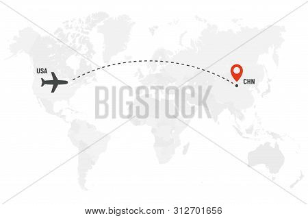 Airplane Line Path. Air Plane Flight Route With Start Point And Dash Line Trace. Plane Icon Over Wor