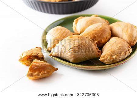 South East Asia Origin Food Concept Homemade Chicken Curry Puffs On White Background With Copy Space