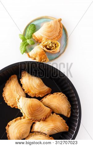 South East Asia Origin Food Concept Homemade Chicken Curry Puffs On White Background With Copy Space