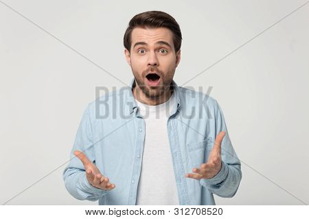 Amazed Guy Open Mouth Raising Spread Palms Feels Impressed