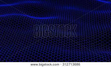 Abstract Dynamic Wave Of Connected Dots And Lines On Dark Background. Wave Of Bright Particles. Digi