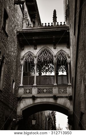 Pont del Bisbe and narrow street in Gothic Quarter in Barcelona Spain