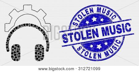 Dotted Gear Headphones Mosaic Pictogram And Stolen Music Stamp. Blue Vector Round Scratched Stamp Wi
