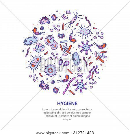 Bacteria, Viruses And Germs Vector Colorful Banner. Collection Of Various Microorganisms, Fungi, Pro