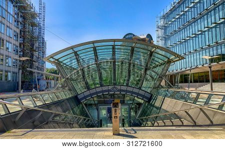 Brussels, Belgium, June 2019, Entrance Of The Brussels Luxembourg Railway Station On The Espace Leop