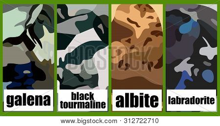 Set Of Square Brochures With The Image Of The Surface Of The Four Minerals. Rectangle Template Broch