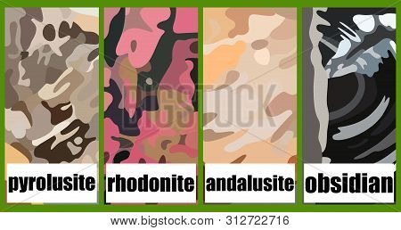 Set Of Square Brochures With The Image Of The Surface Of The Four Minerals. Rectangle Template Broch