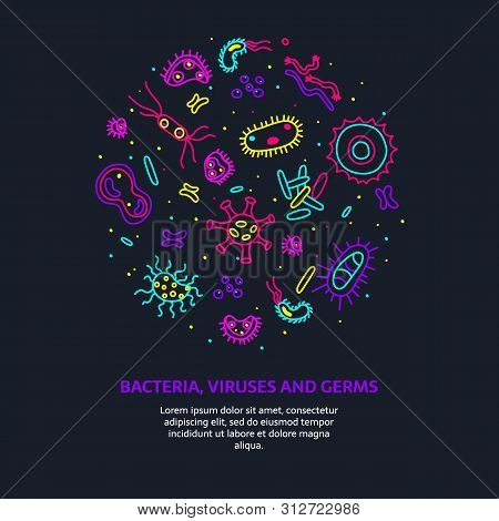 Bactria, Viruses And Germs Vector Colorful Banner. Collection Of Various Microorganisms, Fungi, Prot