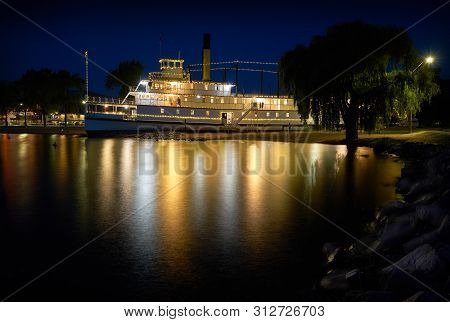 Ss Sicamous Penticton Night. The Historic Ss Sicamous Stern Wheeler On Display On The Beach Of Okana