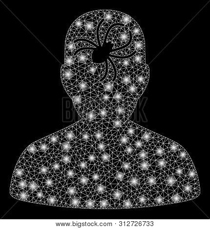 Glossy Mesh Mental Bug With Glitter Effect. Abstract Illuminated Model Of Mental Bug Icon. Shiny Wir