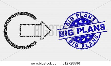 Pixelated Logout Mosaic Icon And Big Plans Stamp. Blue Vector Round Distress Seal Stamp With Big Pla