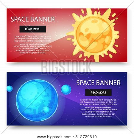 Space Cosmos And Solar System Planets Vector Banners Set. Blue Planet With Satellite And Sun On Red 