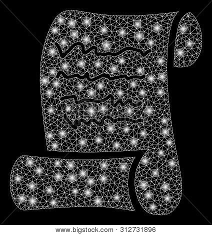 Bright Mesh Script Roll With Glare Effect. Abstract Illuminated Model Of Script Roll Icon. Shiny Wir