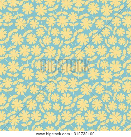 Elegant Yelllow Flowers In Ditsy Floral Design. Seamless Vector Pattern On Aqua Blue Background. Gre