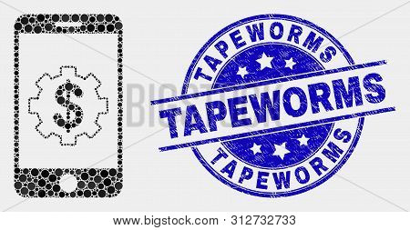 Dotted Mobile Banking Service Mosaic Pictogram And Tapeworms Seal Stamp. Blue Vector Rounded Grunge 