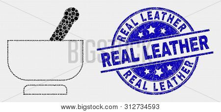 Dot Mortar Mosaic Icon And Real Leather Watermark. Blue Vector Rounded Textured Seal Stamp With Real