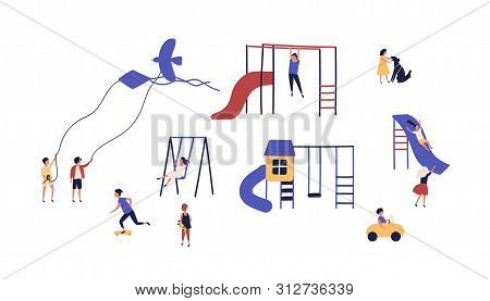 Collection Of Children Playing On Playground Outdoor Isolated On White Background. Bundle Of Playful