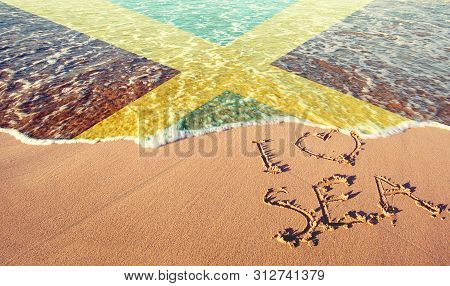 Beach Sand, Sea And Flag Jamaica. I Love Jamaica Concept