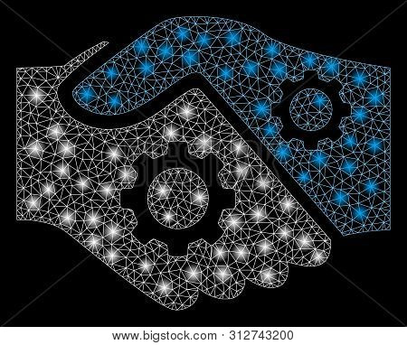 Bright Mesh Smart Contract Handshake With Sparkle Effect. Abstract Illuminated Model Of Smart Contra