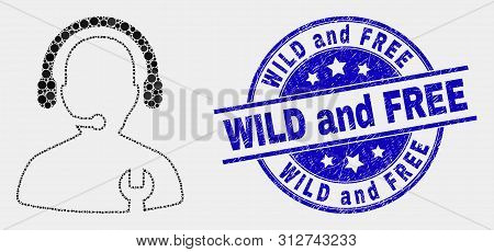 Dot Repair Service Operator Mosaic Icon And Wild And Free Seal Stamp. Blue Vector Round Distress Sta