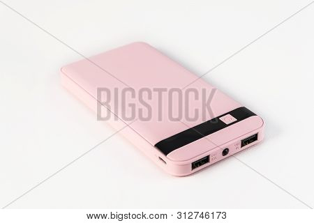 Cute Power Bank Isolated On A White Background.
Pink Power Bank. Pink Charger.