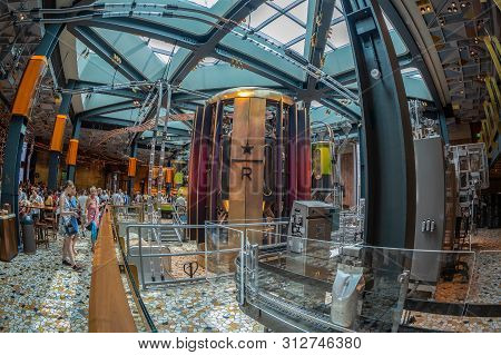 Milan, Italy - June 29, 2019: Wide Angle View Of The Interior Of The Starbucks Concept Store In Mila