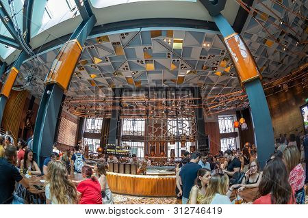 Milan, Italy - June 29, 2019: Wide Angle View Of The Interior Of The Starbucks Concept Store In Mila