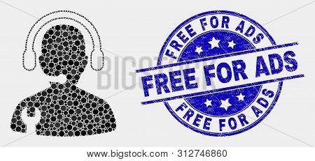 Dot Service Operator Mosaic Pictogram And Free For Ads Seal. Blue Vector Round Distress Seal With Fr