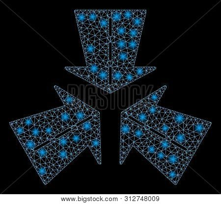 Glossy Mesh Merge Directions With Glare Effect. Abstract Illuminated Model Of Merge Directions Icon.