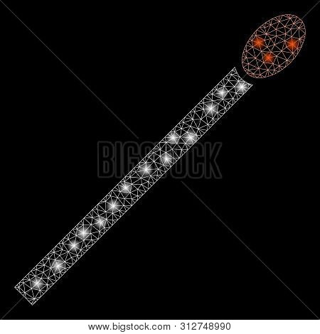 Glossy Mesh Match With Glare Effect. Abstract Illuminated Model Of Match Icon. Shiny Wire Frame Poly