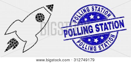 Dotted Space Rocket Mosaic Icon And Polling Station Seal Stamp. Blue Vector Rounded Scratched Seal S