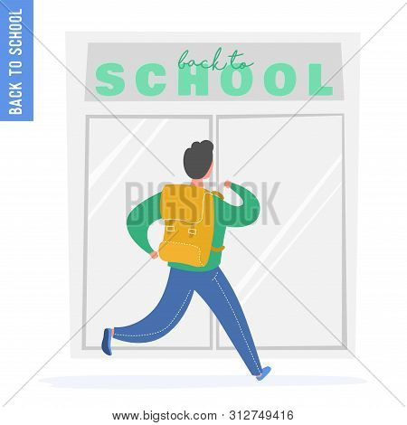 School Boy Running With Backback To School, Child Or Student Going To Education, College Or Universi