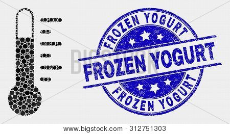 Dot Thermometer Mosaic Icon And Frozen Yogurt Watermark. Blue Vector Round Scratched Stamp With Froz