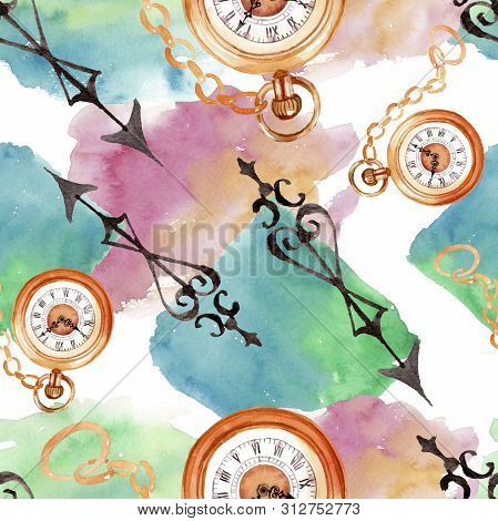 Vintage Old Clock Pocket Watch. Watercolor Background Illustration Set. Seamless Background Pattern.