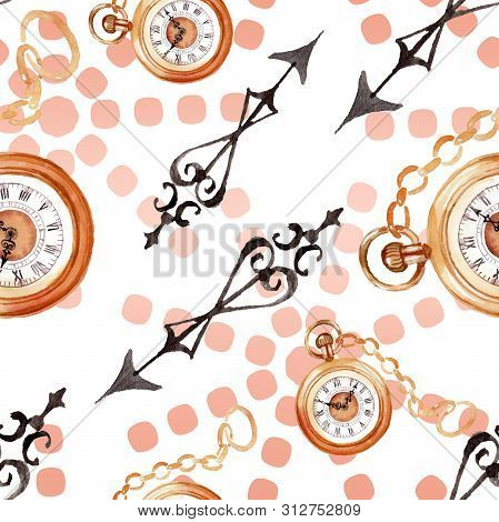 Vintage Old Clock Pocket Watch. Watercolor Background Illustration Set. Seamless Background Pattern.