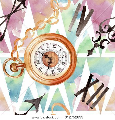Vintage Old Clock Pocket Watch. Watercolor Background Illustration Set. Seamless Background Pattern.