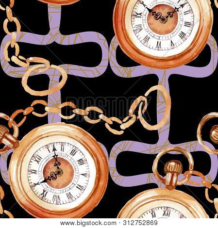 Vintage Old Clock Pocket Watch. Watercolor Background Illustration Set. Seamless Background Pattern.