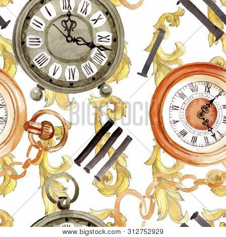 Vintage Old Clock Pocket Watch. Watercolor Background Illustration Set. Seamless Background Pattern.