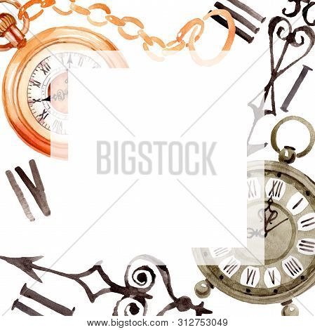 Vintage Old Clock Pocket Watch. Watercolor Background Illustration Set. Frame Border Ornament Square